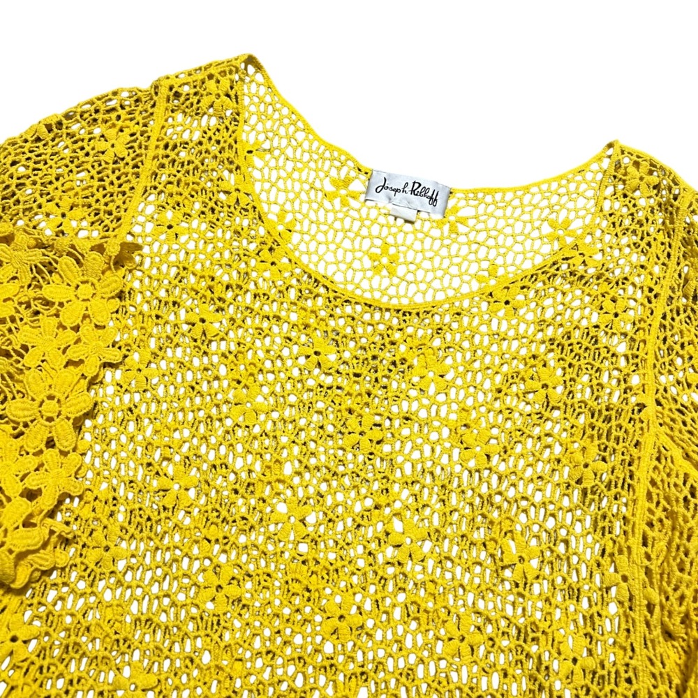 Joseph Ribkoff Yellow Crochet Lace Floral Blouse Top L G Bell Sleeve